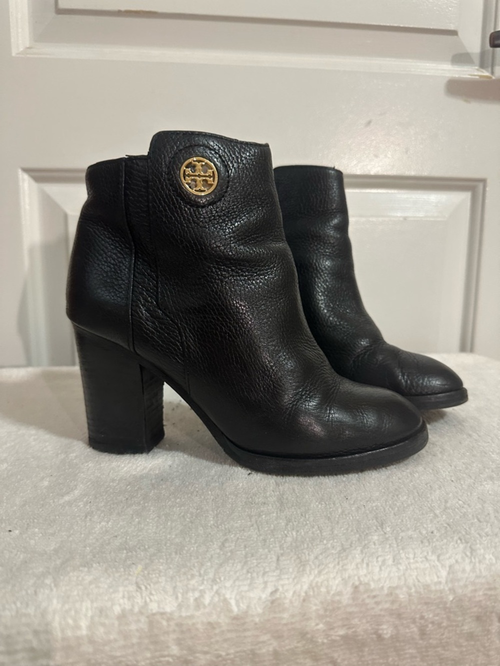 Tory Burch Black Leather Block-Heel Ankle Boots with Gold Logo